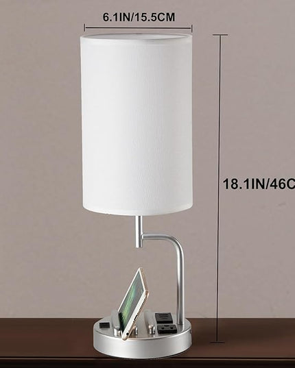 Dreamholder Table Lamp with 3 USB Charging Ports, Modern Desk Lamp with AC Outlet and Phone Stands, Perfect Bedside Lamp for Bedroom, Living Room, Office (Pack of 2), Silver - LeafyLoom
