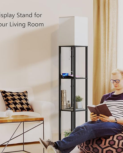 SUNMORY Shelf Lamp with Remote Control, Stepless Color Temperature & Dimmable, Floor Lamp with Shelves with 2 Usb Charging Ports and 2-Hole Socket, Solid Wood Tall Lamps for Living Room, Bedroom，Black - LeafyLoom