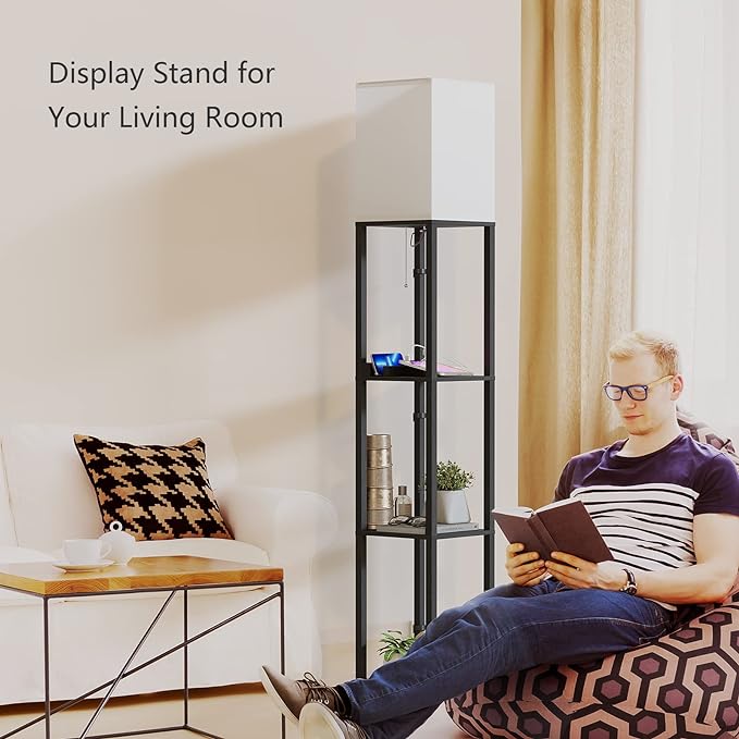 SUNMORY Shelf Lamp with Remote Control, Stepless Color Temperature & Dimmable, Floor Lamp with Shelves with 2 Usb Charging Ports and 2-Hole Socket, Solid Wood Tall Lamps for Living Room, Bedroom，Black - LeafyLoom