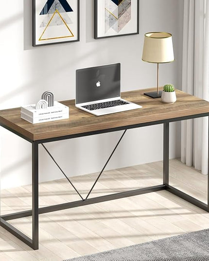 FOLUBAN Modern Computer Desk, Rustic Wood and Metal Writing Desk, Vintage PC Table for Home Office, Oak 55 inch - LeafyLoom