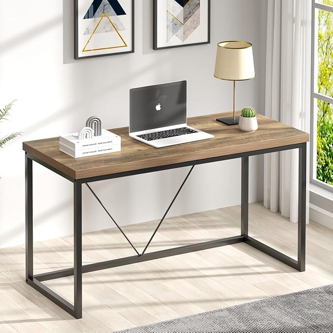 FOLUBAN Modern Computer Desk, Rustic Wood and Metal Writing Desk, Vintage PC Table for Home Office, Oak 55 inch - LeafyLoom