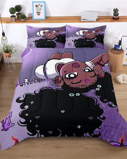 Full Bedding Sets for Girls, African American Black Girl Magic Comforter Set with Girl Lay on Bed, Purple Bed Set for Toddler Kids, Little Girls Bedroom Decor, 1 Comforter with 2 Pillowcases - LeafyLoom