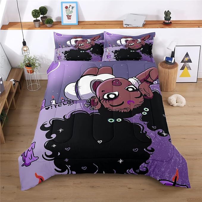 Full Bedding Sets for Girls, African American Black Girl Magic Comforter Set with Girl Lay on Bed, Purple Bed Set for Toddler Kids, Little Girls Bedroom Decor, 1 Comforter with 2 Pillowcases - LeafyLoom
