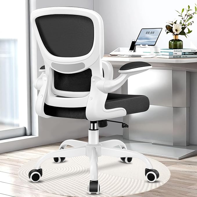 Office Chair, Ergonomic Desk Chair with Lumbar Support and Adjustable Armrests, Comfy Desk Chair Breathable Mesh Mid Back Computer Chair, Reclining Office Chair for Home Office - White - LeafyLoom