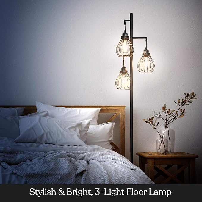 Brightech Teardrop LED Floor Lamp – Tree Standing Lamp with 3 Elegant Cage Heads & Edison Bulbs – Standing Lamp for Living Rooms & Offices – Tall Standing Lamp Ideal for Bedroom Reading – Black - LeafyLoom