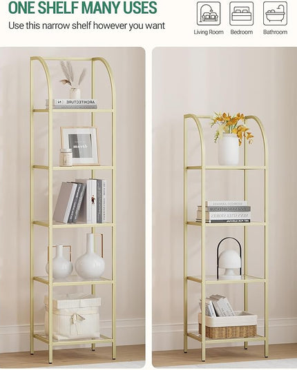 Bookcase Bookshelf, Tempered Glass Arched Bookshelf for More Storage, Slim Shelving Unit for Bedroom, Bathroom, Home Office, Steel Frame, 4 Tier Gold BC20499G - LeafyLoom