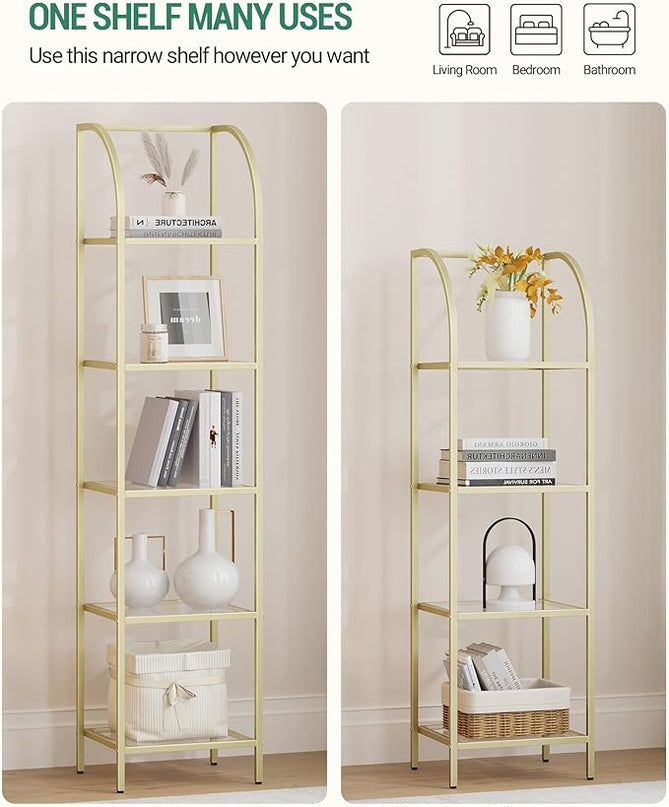 Bookcase Bookshelf, Tempered Glass Arched Bookshelf for More Storage, Slim Shelving Unit for Bedroom, Bathroom, Home Office, Steel Frame, 4 Tier Gold BC20499G - LeafyLoom