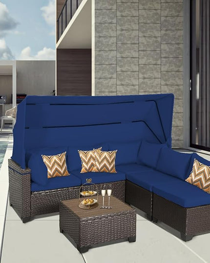 6 PCS Outdoor Patio Furniture Set,Sectional Sofa Set,Rattan Daybed with Retractable Canopy,Adjustable Backrest,Storage Coffee Table,Chaise Chair Sunbed for Garden Poolside Backyard(Dark Blue) - LeafyLoom