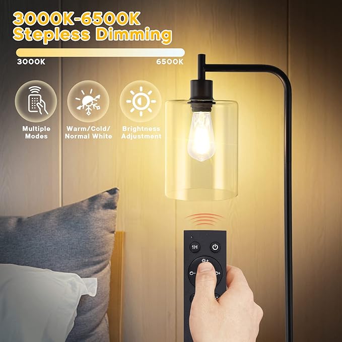 Litake Industrial Floor Lamp, Dimmable Modern Standing Lamp with Clear Glass Shade, Black Tall Lamp with Remote & Foot Control, LED Bright Corner Lamp with 6W Bulb for Living Room Bedroom Office - LeafyLoom