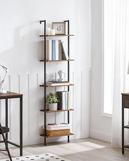 HOOBRO DIY Ladder Shelf, 5-Tier Wooden Wall Mounted Bookshelf, Narrow Bookcase, Display Shelf, Storage Rack, Plant Stand, for Living Room, Bedroom, Study, Balcony, Rustic Brown and Black BF531CJ01 - LeafyLoom