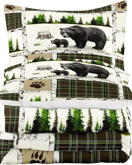 LUVIVIHOME 3PCS Rustic Cabin Bedding, Black Bear Comforter Set Queen Size, Country Lodge Farmhouse Forest Animal Wildlife Hunting Log Cabin Bedroom Decor, Green Plaid Patchwork Quilt, 2 Pillow Shams - LeafyLoom