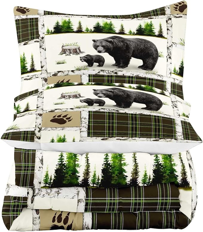 LUVIVIHOME 3PCS Rustic Cabin Bedding, Black Bear Comforter Set Queen Size, Country Lodge Farmhouse Forest Animal Wildlife Hunting Log Cabin Bedroom Decor, Green Plaid Patchwork Quilt, 2 Pillow Shams - LeafyLoom