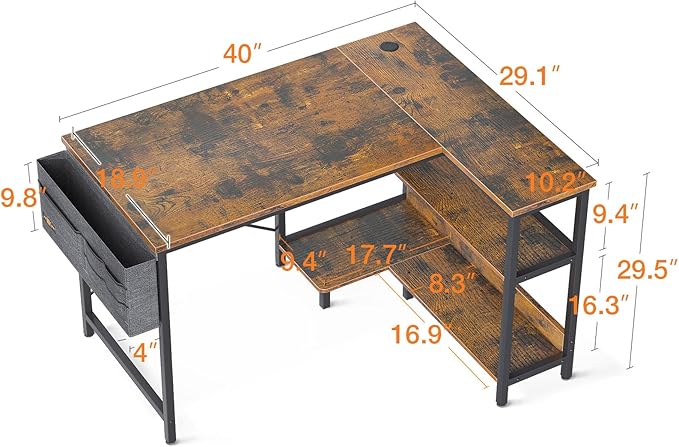 ODK 40 Inch Small L Shaped Gaming Computer Desk with Power Outlets, Reversible Storage Shelves & PC Stand, Modern Simple Writing Study Table with Storage Bag for Small Space, Vintage - LeafyLoom
