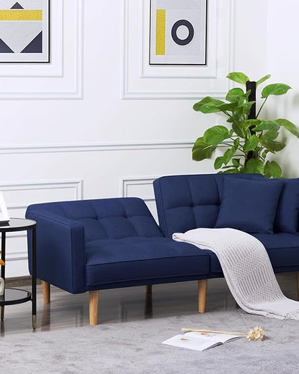 70.9" Modern Folding Sofa Bed Living Room Furniture Sets Futon Couch Convertible Tufted Loveseat with Adjustable Backrest for Lounge Sturdy Wood Legs Fabric Home Recliner Sofá, Blue-4 - LeafyLoom