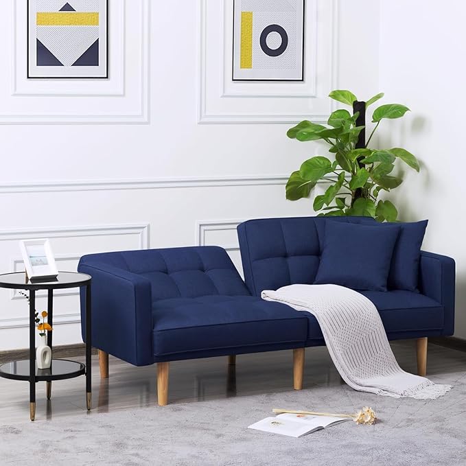 70.9" Modern Folding Sofa Bed Living Room Furniture Sets Futon Couch Convertible Tufted Loveseat with Adjustable Backrest for Lounge Sturdy Wood Legs Fabric Home Recliner Sofá, Blue-4 - LeafyLoom