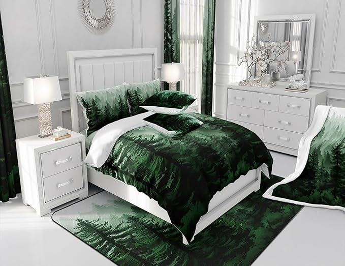 Feelyou Fog Forest Comforter Botanical Pine Trees Comforter Set for Boys Girls Watercolor Green Bedding Set Room Decor King Size Bedspread Cover 3Pcs Boys - LeafyLoom