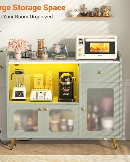 Cyclysio Sideboard Buffet Cabinet with Power Outlet, Kitchen Cabinet with LED Lights, Large Bar Cart Accent Buffet Cabinet with Door for Bedroom, Living Room, Kitchen, Hallway, Cyan - LeafyLoom