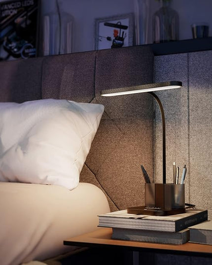 AXX Desk Lamp for College Dorm Room, School Study Supplies for Teens Kids, Office Desk Lights with Organizer/Storage, Desktop Lamp for Bedroom, LED, Small, Black, Pen Holder, Gooseneck - LeafyLoom