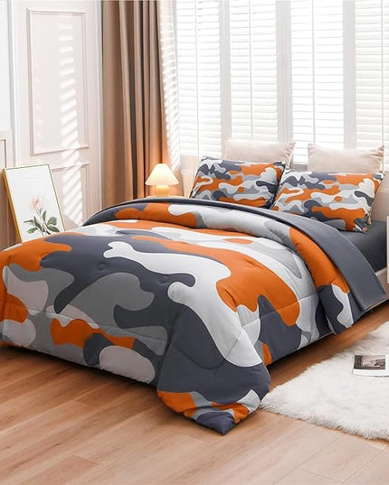 Meeting Story Camouflage Bedding Set, Colorful Pattern Style Comforter Set, 5 PCS One Comforter Two Pillowcases Two Sheets in One Bag, All Season Bedspread for Teens Adults (Orange, Queen 5Pcs) - LeafyLoom