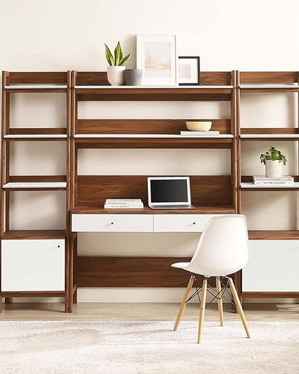 Modway Bixby 3-Piece Home Office Desk and Bookshelf Display Case in Walnut White - LeafyLoom