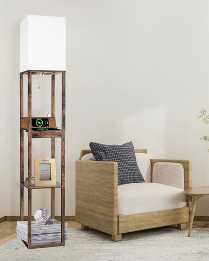 【Upgraded】Floor Lamp with Shelves,Shelf Floor Lamps for Living Room with Wireless Charger, Floor Lamps for Bedroom with USB A+C Charging Ports and 2 AC Outlet, Brown Wood Lamp for Living Room, Bedroom - LeafyLoom