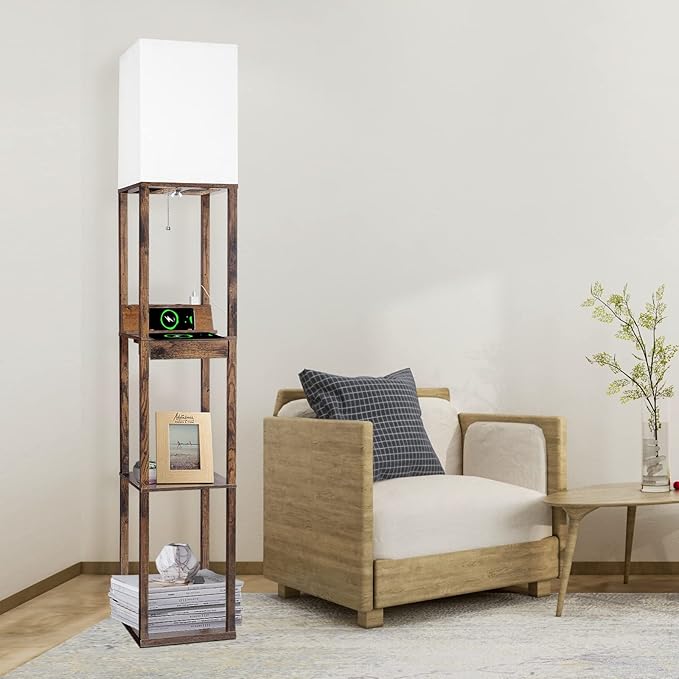 【Upgraded】Floor Lamp with Shelves,Shelf Floor Lamps for Living Room with Wireless Charger, Floor Lamps for Bedroom with USB A+C Charging Ports and 2 AC Outlet, Brown Wood Lamp for Living Room, Bedroom - LeafyLoom