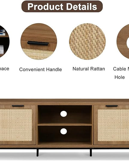 Anmytek Farmhouse Rattan TV Stand for 65 Inch TV Rustic TV Console Table with 2 Rattan Doors Modern Entertainment Center for Living Room Bedroom H0033 - LeafyLoom