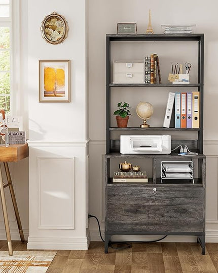 Homieasy File Cabinet with Charging Station, Vertical Filing Cabinet with Lock & Large Drawer, Printer Stand with Storage Shelves, Office Storage Cabinet fits Letter/A4/Legal Size, Grey - LeafyLoom