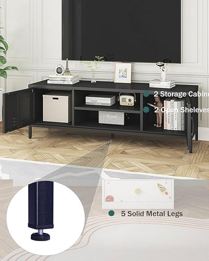 TV Stand for 55 60 inch TV, Metal TV Cabinet Modern Mid Century Entertainment Center with Storage, TV Industrial Media Console Table 2 Cabinet for Living Room, Bedroom, Office (Black) - LeafyLoom