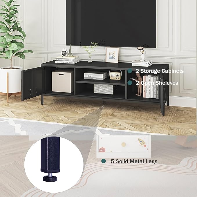 TV Stand for 55 60 inch TV, Metal TV Cabinet Modern Mid Century Entertainment Center with Storage, TV Industrial Media Console Table 2 Cabinet for Living Room, Bedroom, Office (Black) - LeafyLoom