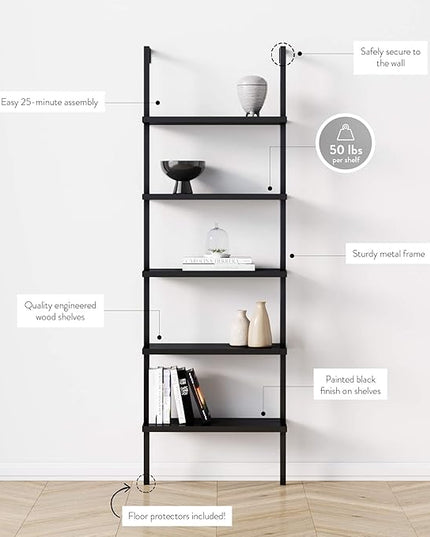 Nathan James Theo 5-Shelf Black Modern Bookcase, Open Wall Mount Ladder Bookshelf with Industrial Metal Frame - LeafyLoom