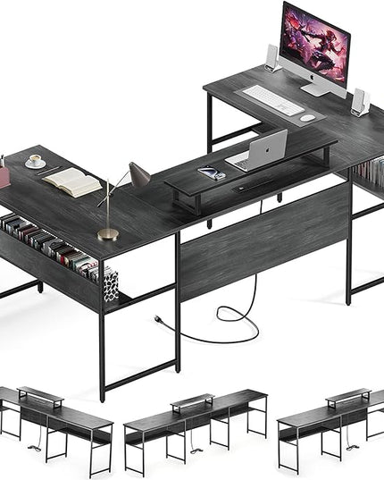 79” U Shaped Desk with Power Outlets, Reversible L Shaped Gaming Desk with Storage Shelves, Large Corner Computer Desk with Monitor Stand, 2 Person Desk for Home Office, Grey Black - LeafyLoom