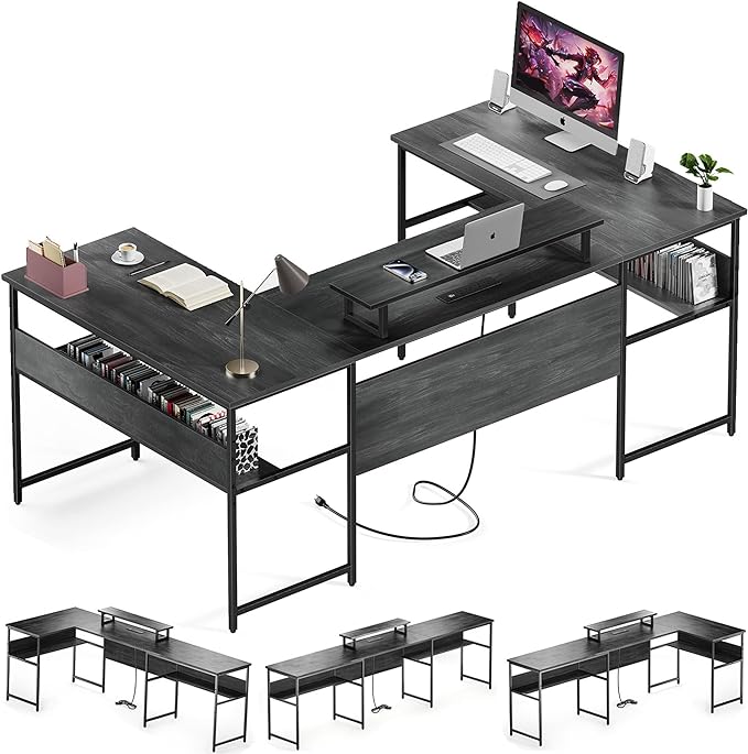 79” U Shaped Desk with Power Outlets, Reversible L Shaped Gaming Desk with Storage Shelves, Large Corner Computer Desk with Monitor Stand, 2 Person Desk for Home Office, Grey Black - LeafyLoom