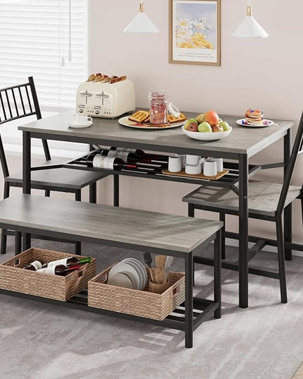 Dining Table Set for 4, Kitchen Table and Chairs for 4 with Wine Rack, Rectangular Dining Room Table Set with Bench, 4 Piece Dining Table Set for Small Space, Apartment, Retro Gray - LeafyLoom