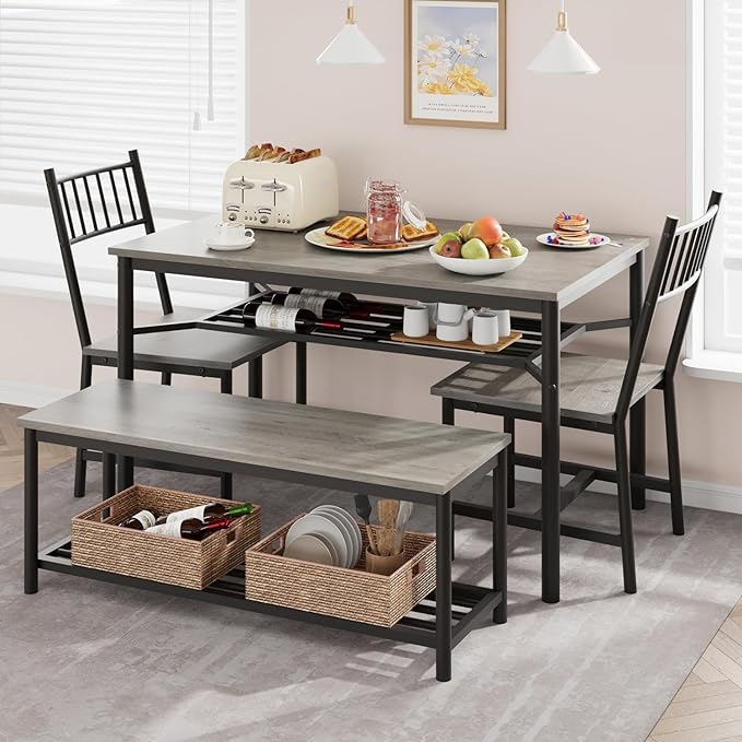 Dining Table Set for 4, Kitchen Table and Chairs for 4 with Wine Rack, Rectangular Dining Room Table Set with Bench, 4 Piece Dining Table Set for Small Space, Apartment, Retro Gray - LeafyLoom