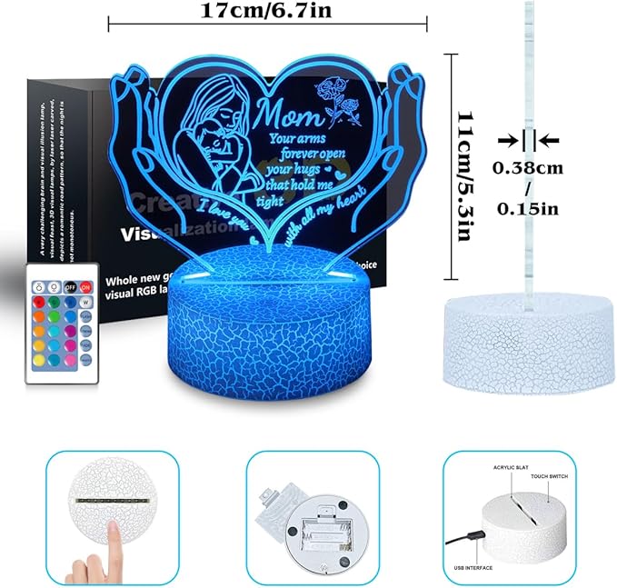 Night Light Gifts for Mom from Daughter Son,3D Illusion Lamp 6 Color Change Decor Lamp with Remote & Smart Touch, Gifts for Mom Birthday Gifts, Mother Gifts - LeafyLoom