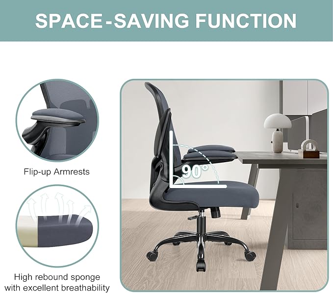 Ergonomic Office Chair, Lumbar Support Desk Chair with Flip-up Armrest and Breathable Mesh, Height Adjustable Swivel Office Chair Darkgray - LeafyLoom