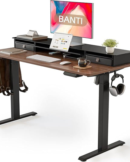 BANTI 48"x 26" Electric Standing Desk with Glass Top Monitor Stand, Adjustable Sit Stand Up Table with Double Drawer, Sit Stand Desk with Storage Shelf, Black Walnut Top - LeafyLoom