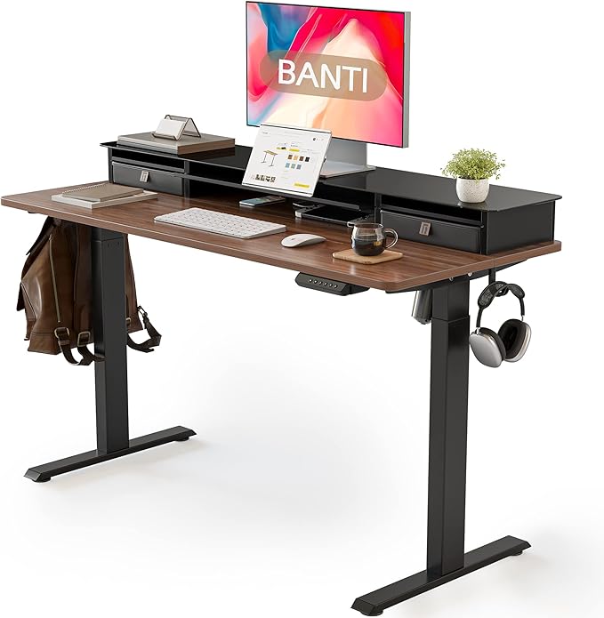 BANTI 48"x 26" Electric Standing Desk with Glass Top Monitor Stand, Adjustable Sit Stand Up Table with Double Drawer, Sit Stand Desk with Storage Shelf, Black Walnut Top - LeafyLoom