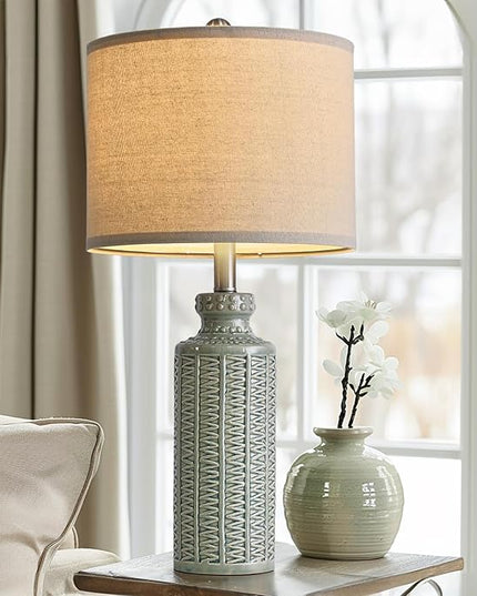 24.75'' Farmhouse Light-Green Ceramic Single Table Lamp for Bedroom Living Room Vintage Traditional Rustic Modern Nightstand Bedside Lamps - LeafyLoom