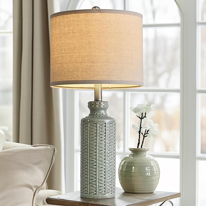 24.75'' Farmhouse Light-Green Ceramic Single Table Lamp for Bedroom Living Room Vintage Traditional Rustic Modern Nightstand Bedside Lamps - LeafyLoom