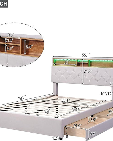 Full Size Bed Frame with LED Headboard, USB Charging, Upholstered Platform Bed with Storage Drawers and Headboard, No Box Spring Needed, Beige - LeafyLoom