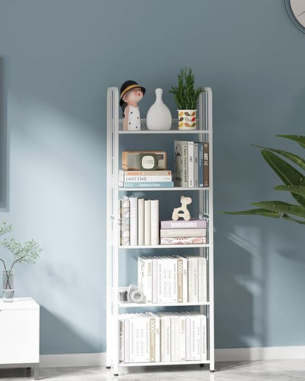 White 5 Tiers Tall Bookshelf, Industrial Storage Shelf, Multifunctional Narrow Bookcase, Display Standing Shelf Units for Living Room, Bedroom, Kitchen - LeafyLoom