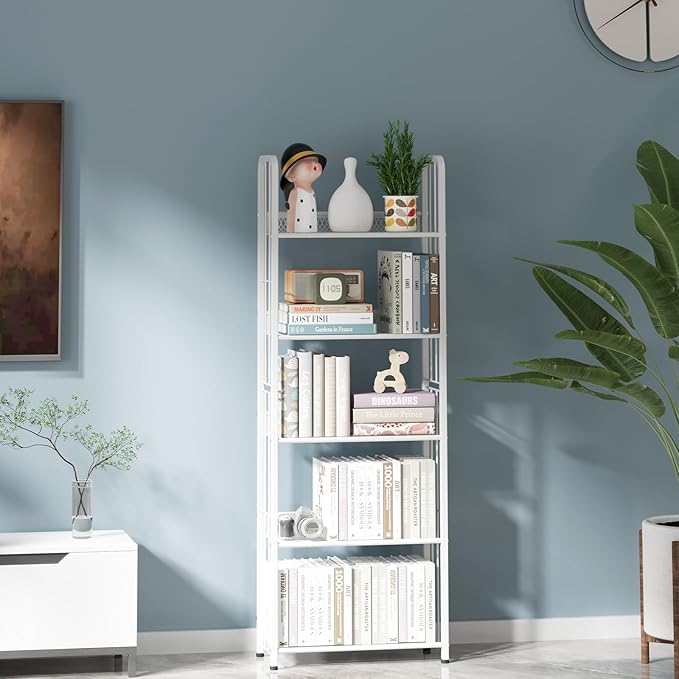 White 5 Tiers Tall Bookshelf, Industrial Storage Shelf, Multifunctional Narrow Bookcase, Display Standing Shelf Units for Living Room, Bedroom, Kitchen - LeafyLoom