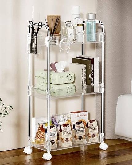 SPACEKEEPER 3 Tier Acrylic Storage Rolling Cart Clear Bathroom Cart Organizer, Transparency Laundry Room Organization Mobile Shelving Unit Multifunction Rolling Utility Cart for Office Living Room - LeafyLoom