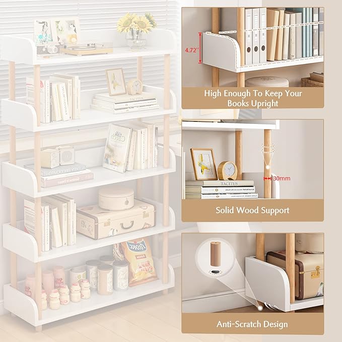 4-Tier Wooden Open Bookcase - Modern Display Bookshelf with Side Panels and Solid Wood Frame for Home and Office, Storage Cabinet, Warm White - LeafyLoom