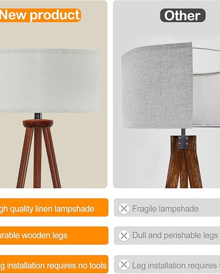 YUNHONG Tripod Floor Lamp, Dimmable Mid Century Floor Lamp Using Premium Flaxen Lamp Shade, Modern Design Standing Lamp with E26 Lamp Base, Wood Tall Floor Lamps for Living Room, Bedroom and Office - LeafyLoom