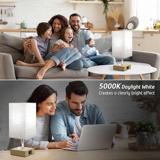 Small Table Lamp Set of 2 - Fully Dimmable Bedside Lamp for Bedroom Kids with USB C+A Ports & AC Outlet, Gold Nightstand Lamp for Home Office. Square Beige Fabric Shade Metal Base(LED Blubs Included). - LeafyLoom