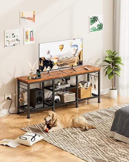Furologee TV Stand with Power Outlets, Entertainment Center with Open Storage Shelves for TVs up to 55 Inch, TV Media Console Table with Soundbar Shelf for Living Room, Bedroom, Rustic Brown - LeafyLoom