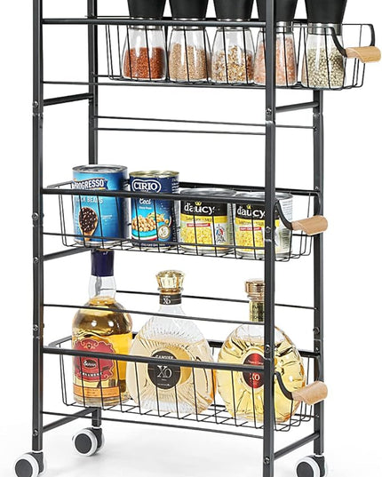4-Tier Slim Storage Cart, Kitchen Rolling Utility Cart Bathroom Organizer Laundry Room Organization Mobile Shelving Unit with Slide-Out Metal Wire Baskets, Wooden Tabletop & Wheels for Narrow Space - LeafyLoom
